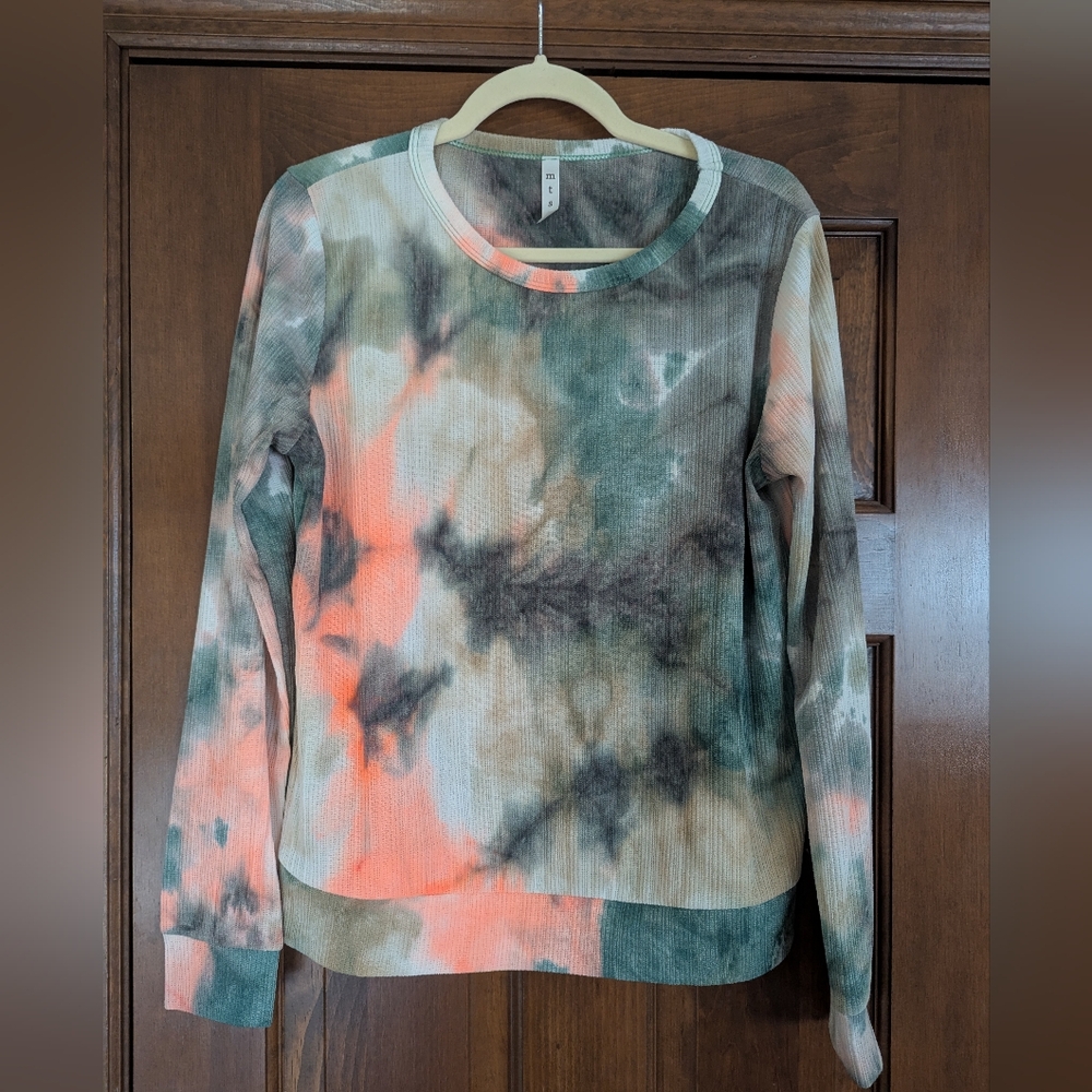 mts Tie dye lightweight long sleeve shirt - medium - coral teal and white